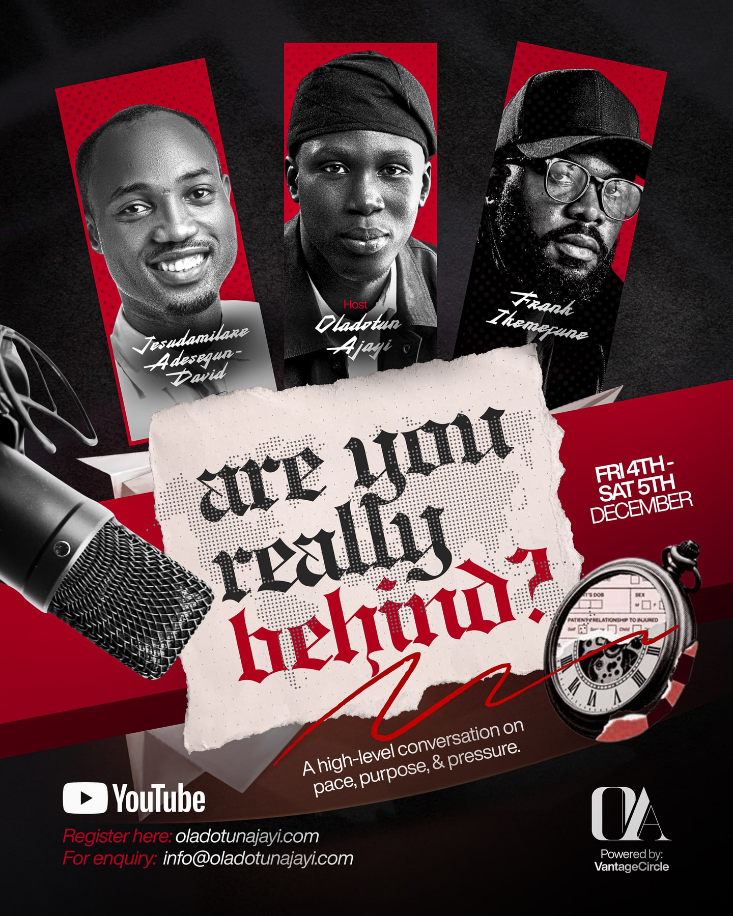 Official event flyer for Are You Really Behind? with Jesudamilare Adesegun-David, Oladotun Ajayi and Frank Ikemefune — 4th–5th December, live on YouTube.